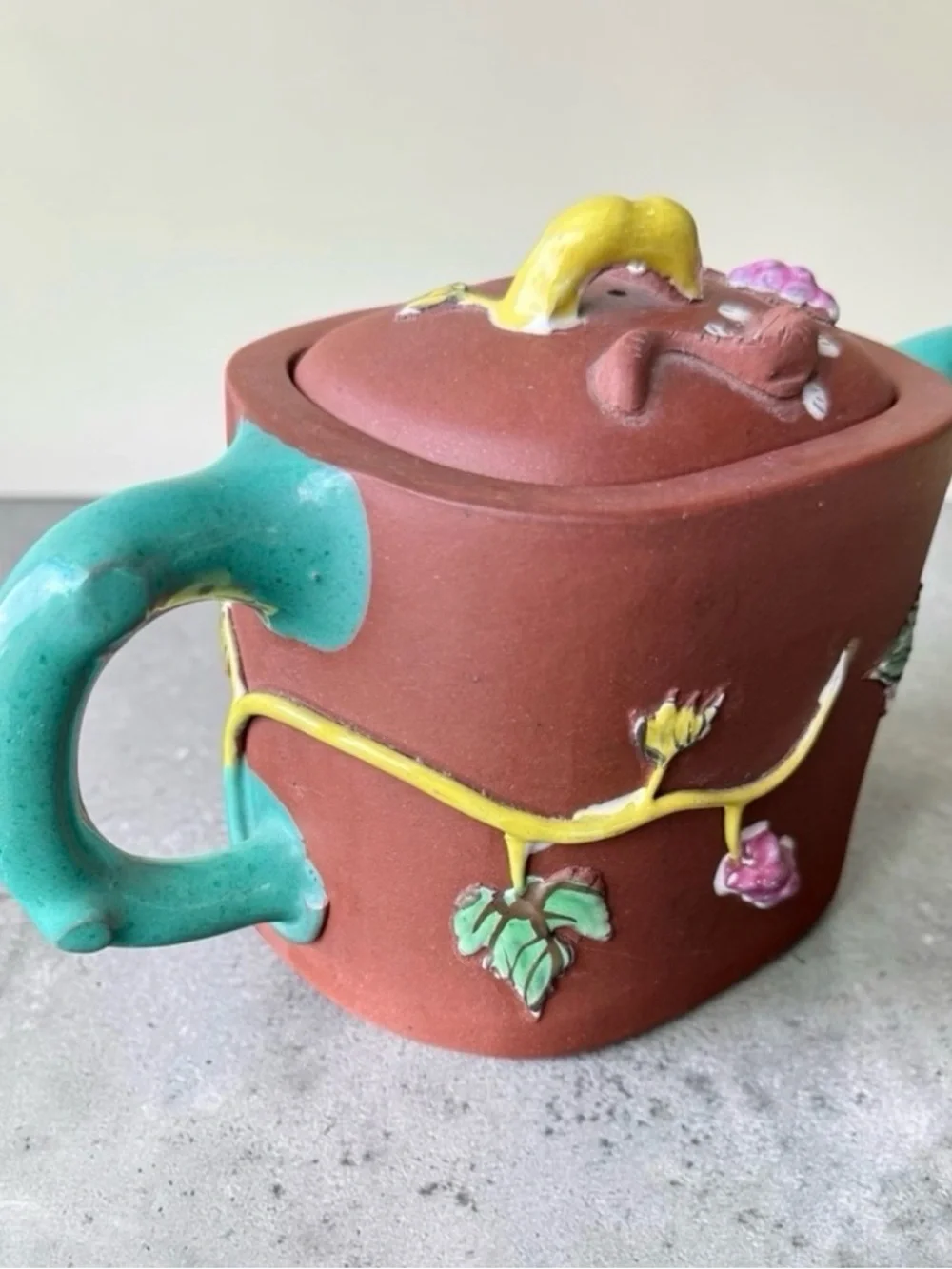 CURATED Yixing Zisha Clay Teapot Grape Vine Relief Turquoise Spout Handle Signed